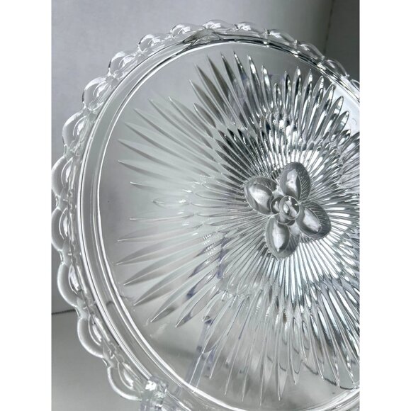 EAPG Indiana Clear Glass Serving Cake Plate Sunburst Design Scalloped Atomic Age - Picture 6 of 8